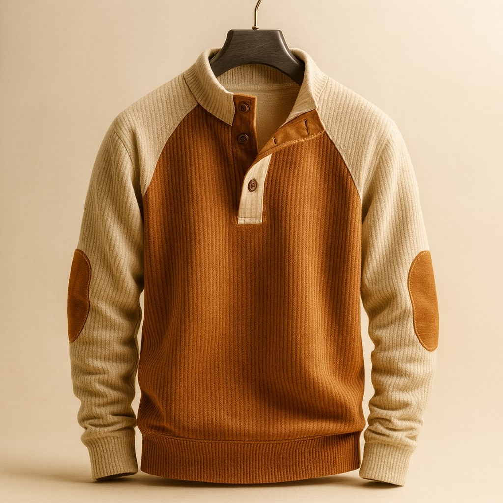 Herrenpullover mit Stehkragen, Knopfleiste und Raglanärmeln