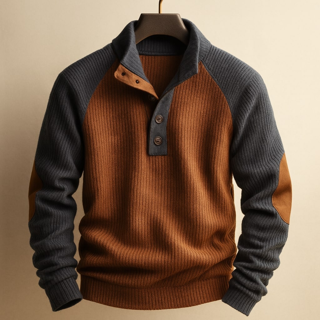 Herrenpullover mit Stehkragen, Knopfleiste und Raglanärmeln