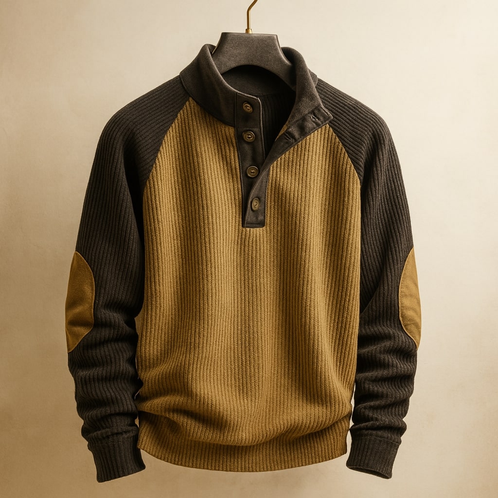 Herrenpullover mit Stehkragen, Knopfleiste und Raglanärmeln