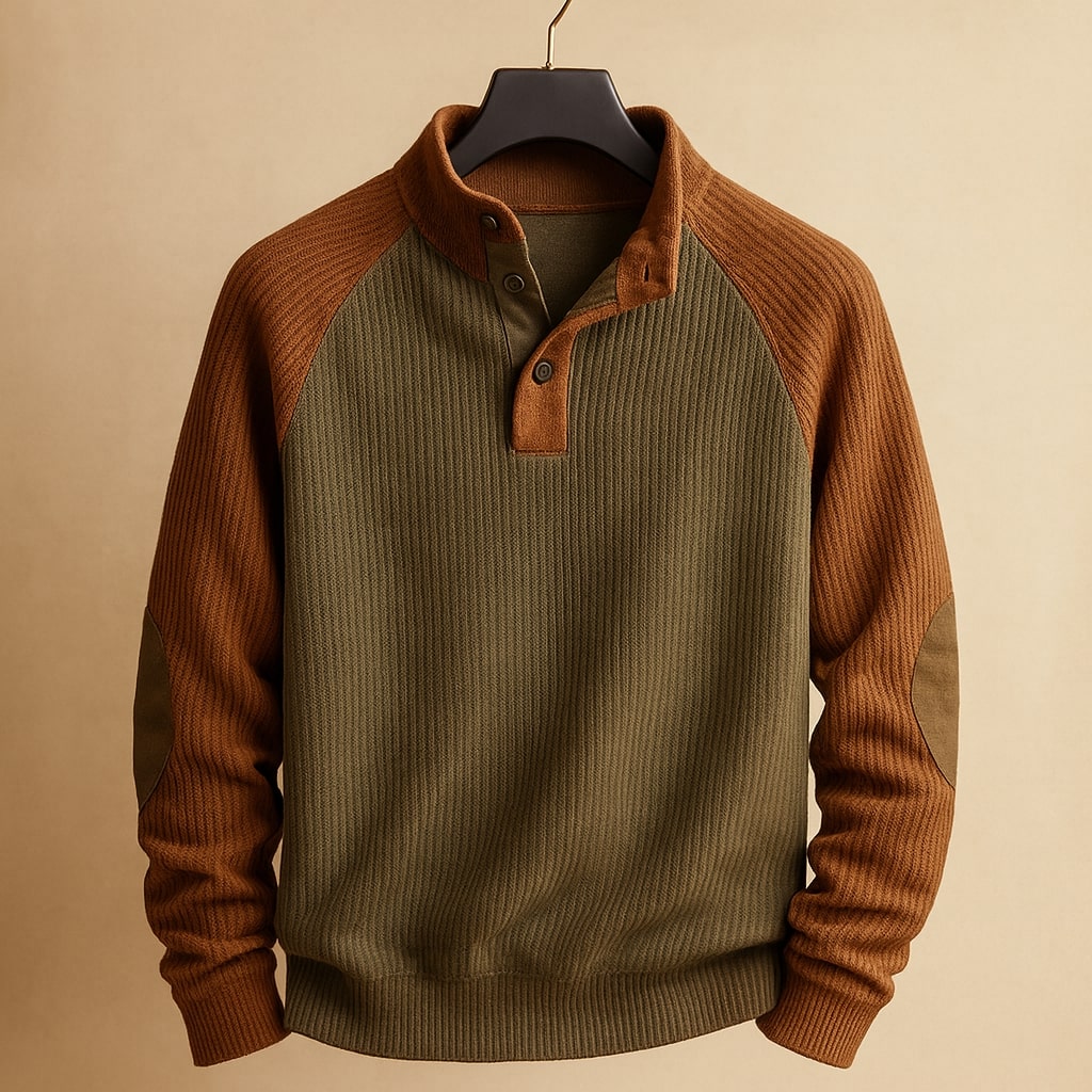 Herrenpullover mit Stehkragen, Knopfleiste und Raglanärmeln