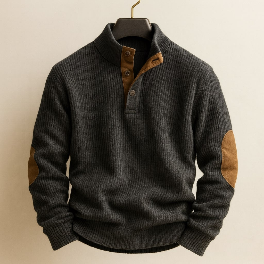 Herrenpullover mit Stehkragen, Knopfleiste und Raglanärmeln