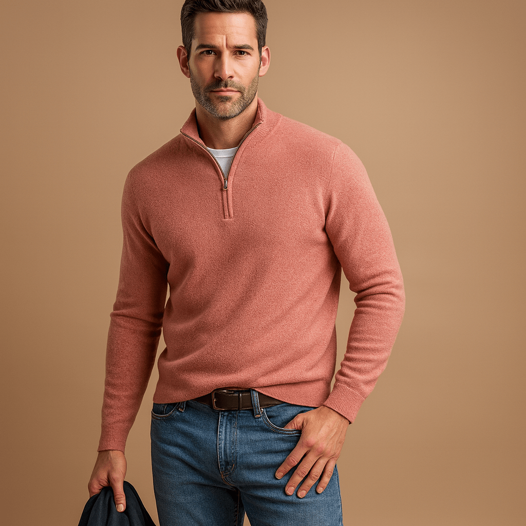 Herrenpullover mit halbem Reißverschluss - Mock-Kragen, lange Ärmel, lockere Passform