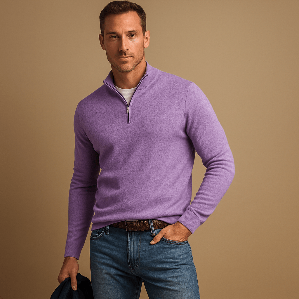 Herrenpullover mit halbem Reißverschluss - Mock-Kragen, lange Ärmel, lockere Passform