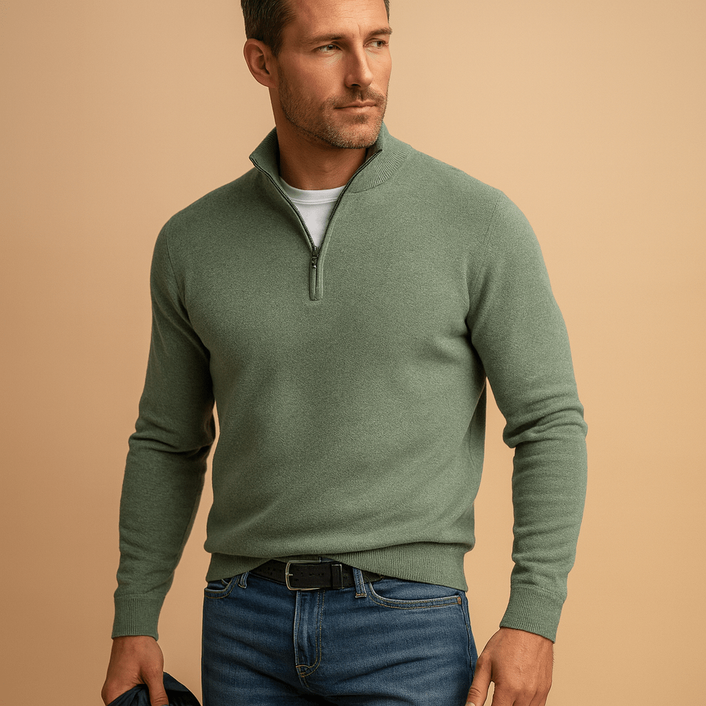 Herrenpullover mit halbem Reißverschluss - Mock-Kragen, lange Ärmel, lockere Passform