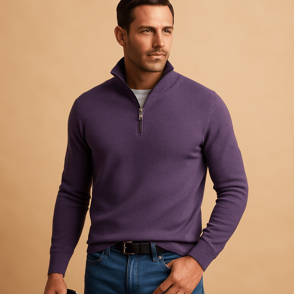 Herrenpullover mit halbem Reißverschluss - Mock-Kragen, lange Ärmel, lockere Passform