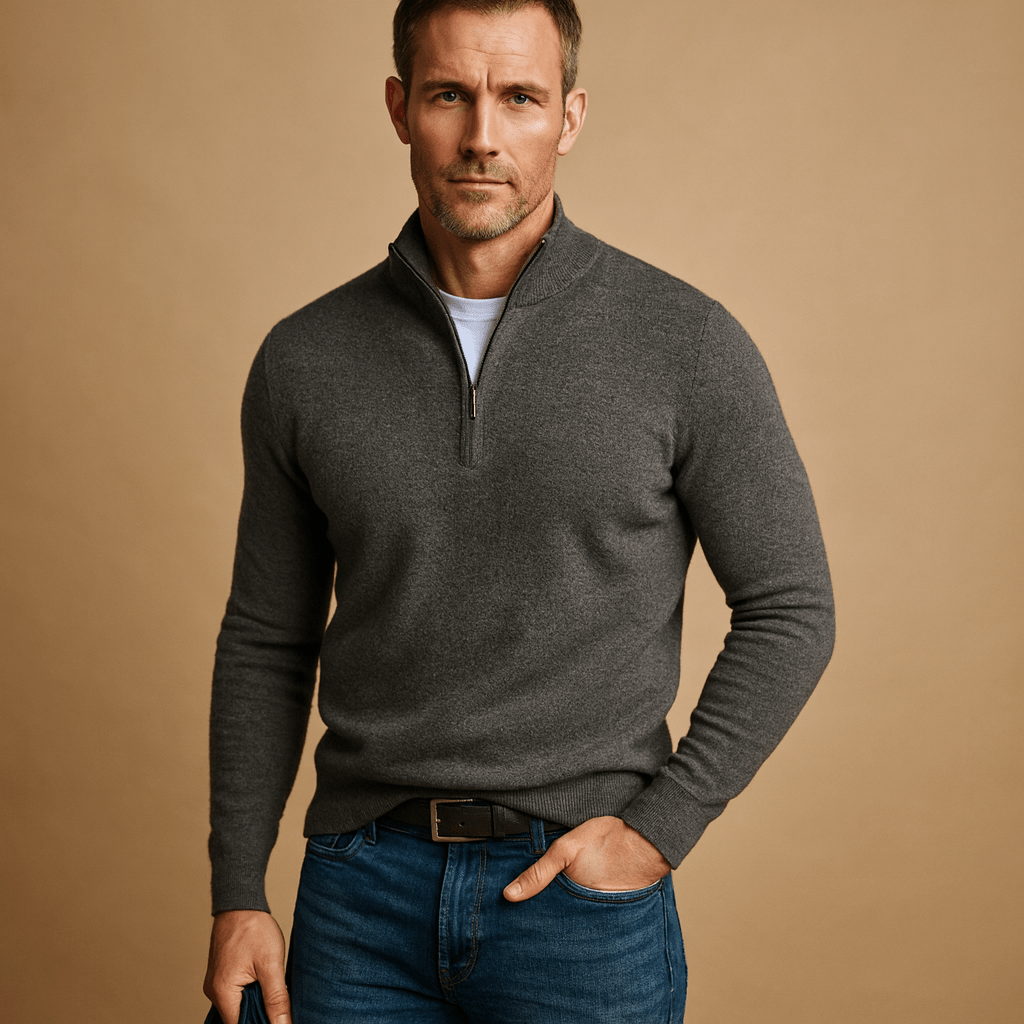 Herrenpullover mit halbem Reißverschluss - Mock-Kragen, lange Ärmel, lockere Passform