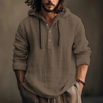 Hooded Henley Shirt für Herren – Kapuzenoberteil mit Kordel, halbe Knopfleiste, lockerer Stil