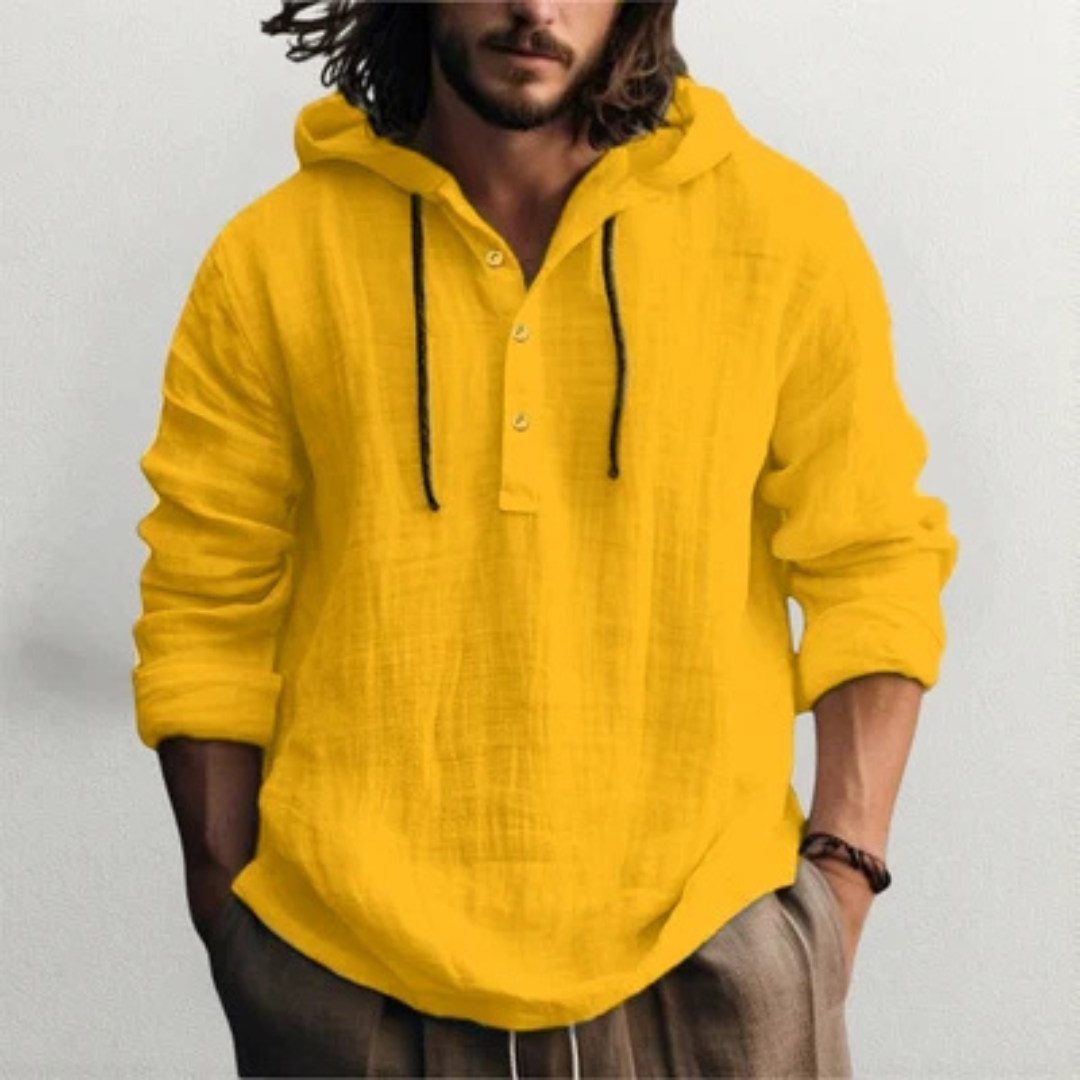 Hooded Henley Shirt für Herren – Kapuzenoberteil mit Kordel, halbe Knopfleiste, lockerer Stil