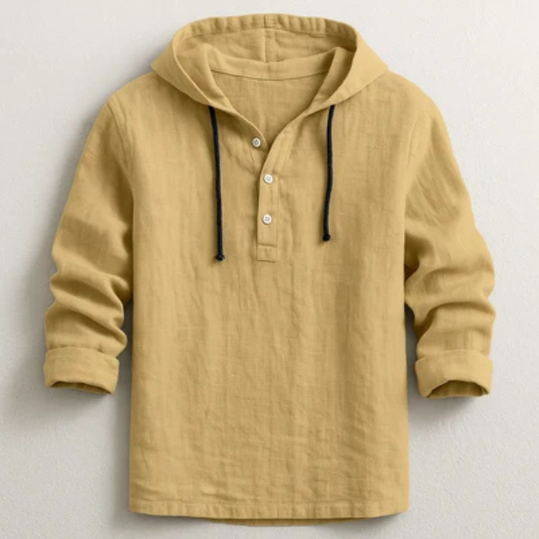Hooded Henley Shirt für Herren – Kapuzenoberteil mit Kordel, halbe Knopfleiste, lockerer Stil