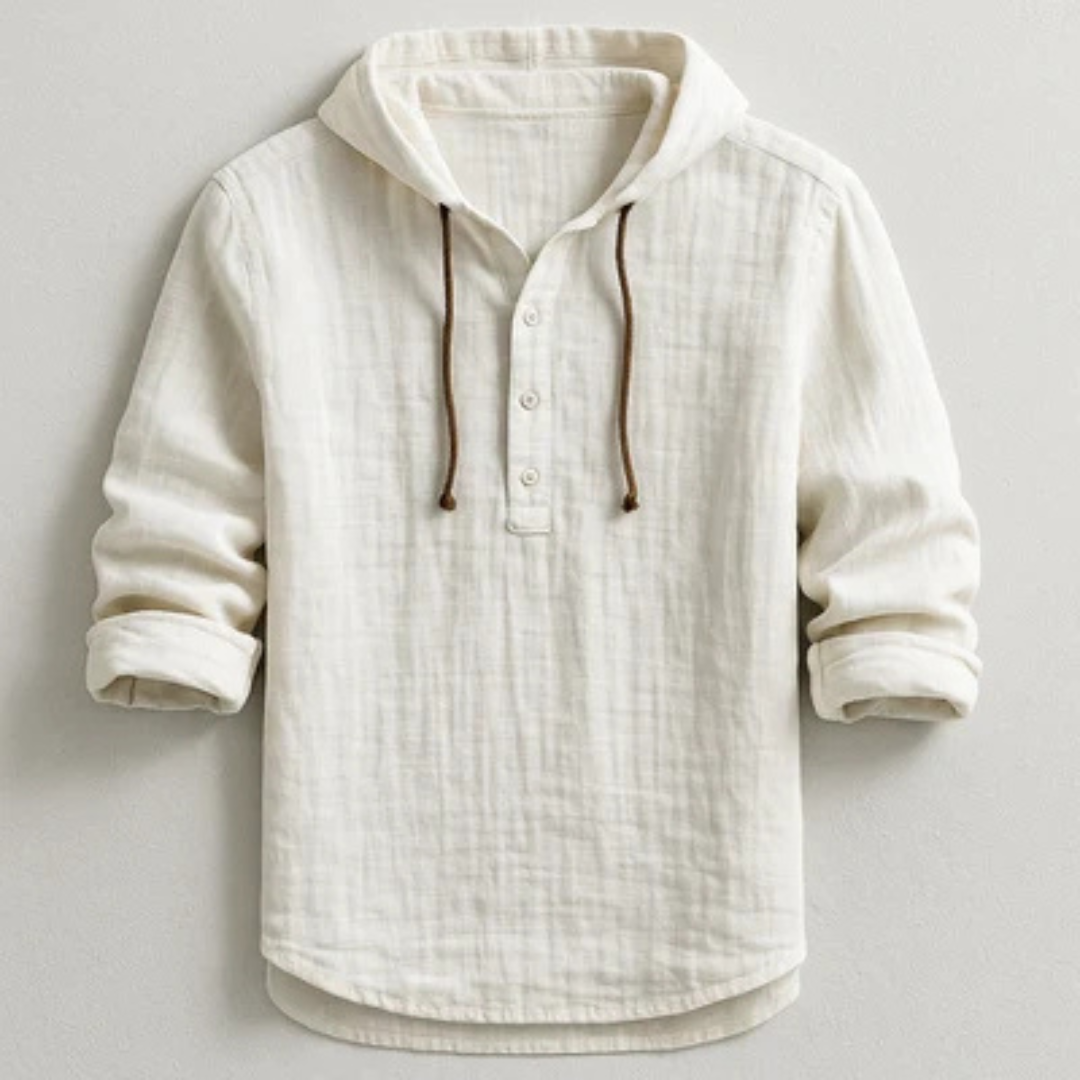 Hooded Henley Shirt für Herren – Kapuzenoberteil mit Kordel, halbe Knopfleiste, lockerer Stil
