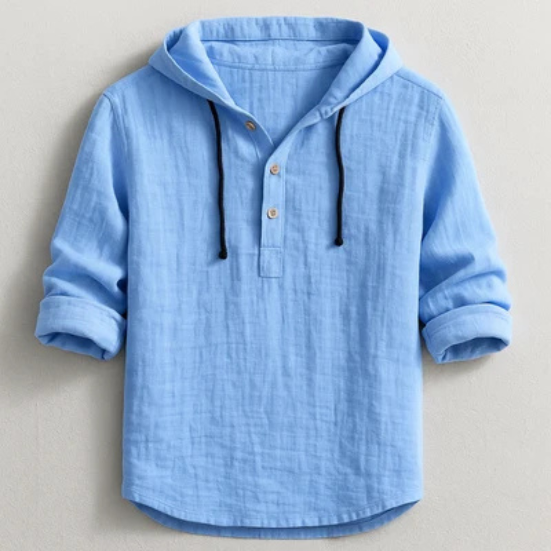 Hooded Henley Shirt für Herren – Kapuzenoberteil mit Kordel, halbe Knopfleiste, lockerer Stil