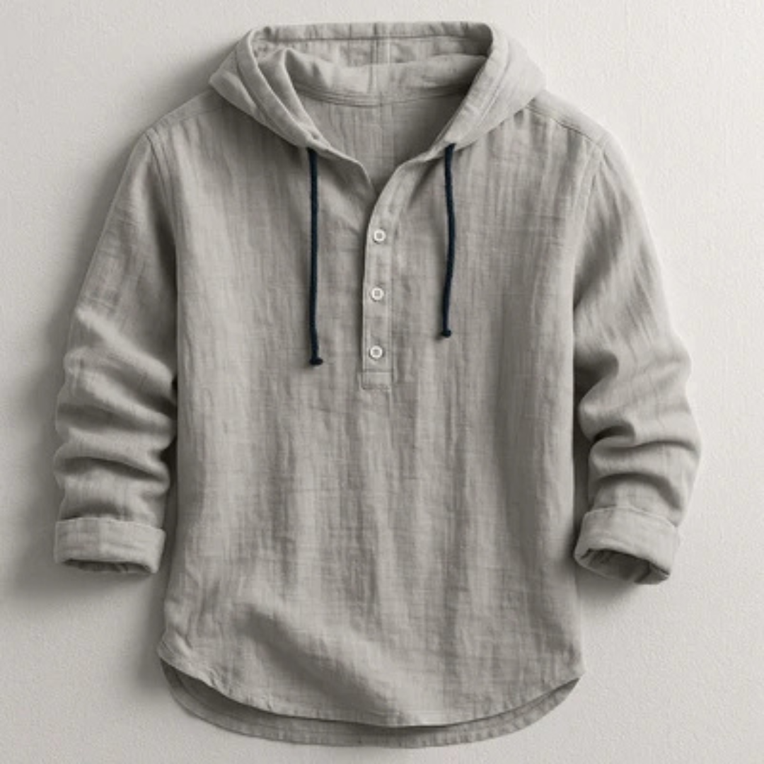Hooded Henley Shirt für Herren – Kapuzenoberteil mit Kordel, halbe Knopfleiste, lockerer Stil