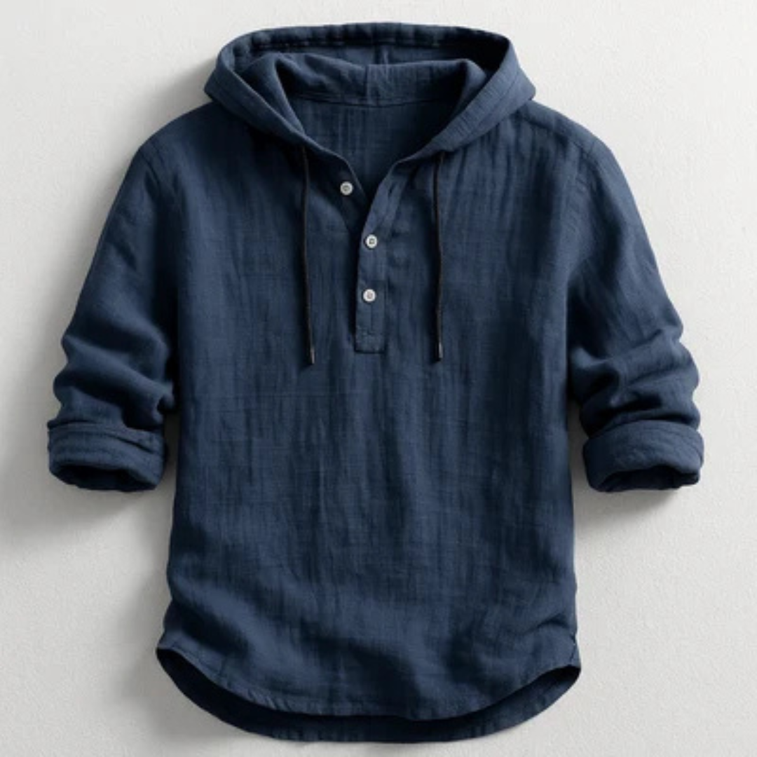 Hooded Henley Shirt für Herren – Kapuzenoberteil mit Kordel, halbe Knopfleiste, lockerer Stil