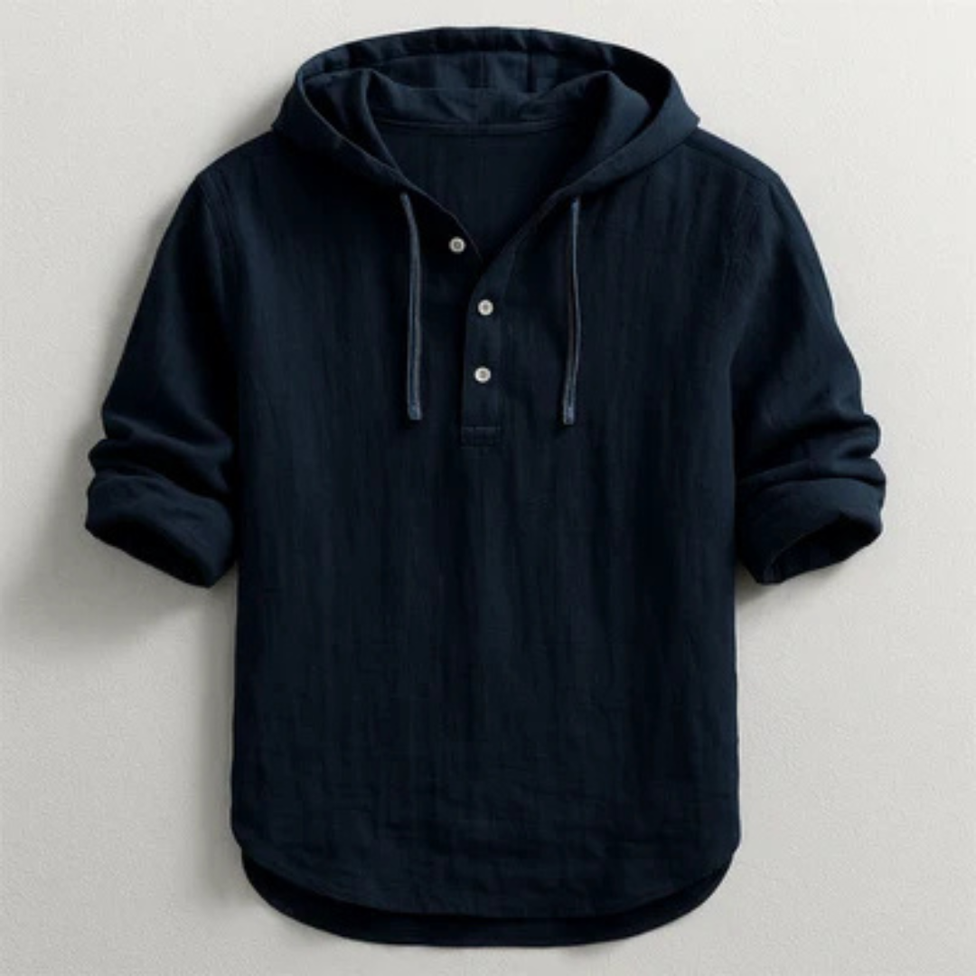 Hooded Henley Shirt für Herren – Kapuzenoberteil mit Kordel, halbe Knopfleiste, lockerer Stil